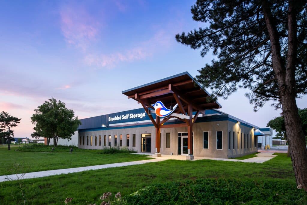 Exterior architectural image of a bluebird storage facility
